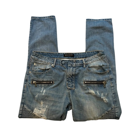 Balmain Paris T551 B658 Distressed Biker Moto Jeans, Sz W34/L31 - Picture 8 of 16